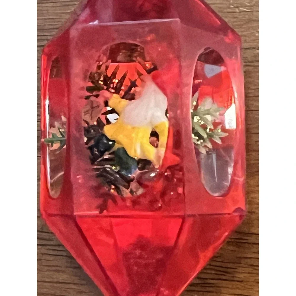Vtg 1970s Jewel Brite Diorama Christmas Ornament Red Hexagon Lantern Gnome MCM